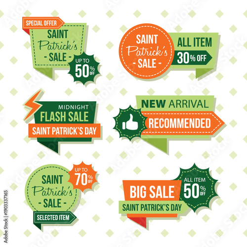 A collection of colorful saint patrick s day sale banners and promotional labels