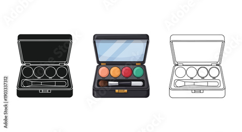 Set of three makeup palette icons in silhouette, color, and outline