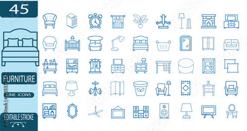 Furniture and home decor outline icon set, interior design living room office furniture symbol, bed sofa chair lamp table vector illustration with editable stroke.