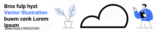 Cloud technology, remote work, business planning, digital storage, online solutions, innovation. Minimalist elements of a cloud, plant and man pointing. Cloud technology and remote work