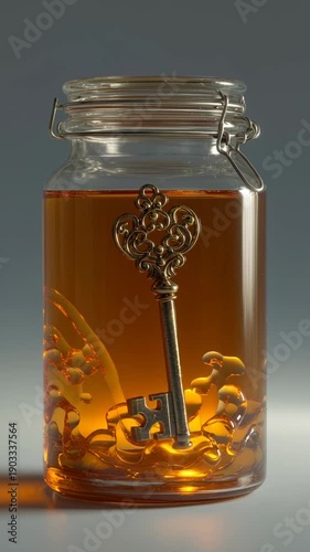 An ornate golden key submerged in a jar filled with amber liquid, with solidified drips clinging to the glass