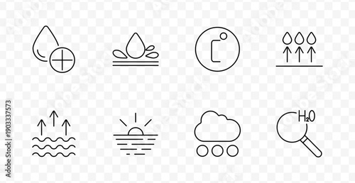 Water science set icon. Water drop plus, splash, bottle, rise arrows, evaporation, sunrise, cloud dots, magnifier h2o drawn in outlined style with transparent background
