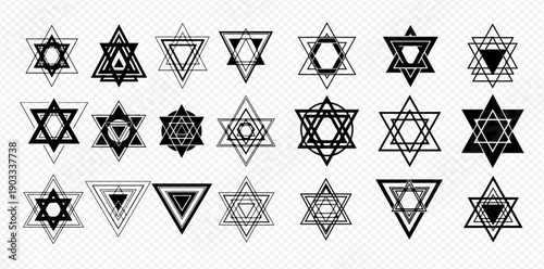 Set of Star of David symbols, Jewish religious and spiritual emblems, geometric shapes, and abstract designs on a transparent background.