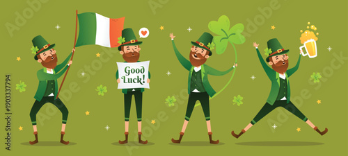 Festive leprechauns celebrate st patrick s day with flags clovers and good luck wishes