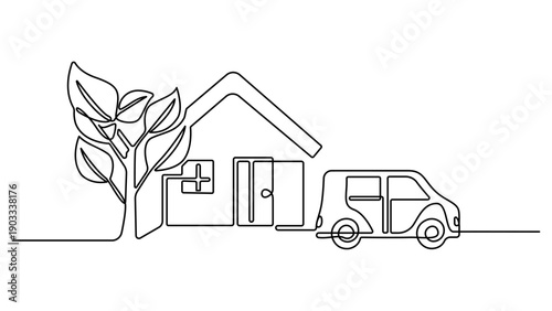 Photos Continuous line drawing of a home, car, and tree illustration
