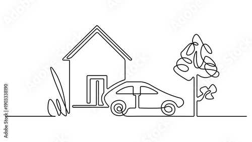 Continuous line drawing of a home, car, and tree illustration. one line Art icon drawing vector. Editable stroke