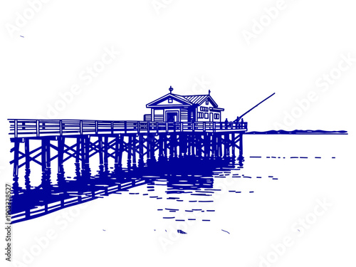 Vintage Blue Ink Sketch of a Wooden Fishing Pier and Shack on the Ocean. Minimalist Coastal Waterfront Line Art Illustration.