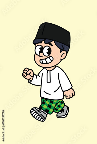 A cheerful cartoon boy dressed in a white kurta and a black peci hat, with green checkered pants, walking happily. Moslem Boy Ramadan Retro Mascot Character.