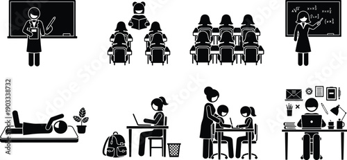 Education and Classroom Activity Icons Set, Teachers Students Studying Teaching Learning Scenes, School Illustration Collection Isolated on White Background