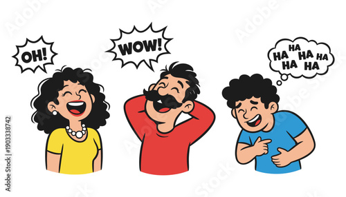 Three cartoon characters expressing different forms of amusement with exclamation bubbles and thought bubbles showing laughter and surprise 173 characters funny smiling happy