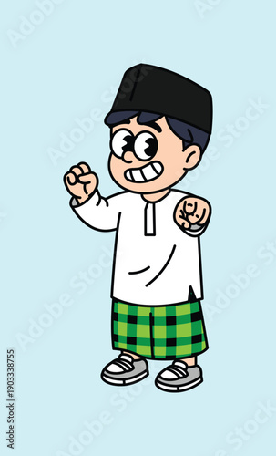 A cheerful cartoon boy dressed in a white kurta and a black peci cap, with a green checkered sarong and sneakers. Moslem Boy Ramadan Retro Mascot Character.