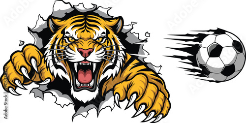 Fierce tiger mascot breaking wall, soccer ball motion effect, aggressive sports logo concept, dynamic team emblem, powerful animal illustration