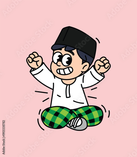 A cheerful cartoon boy wearing a peci and traditional clothes sits cross-legged with his arms raised in excitement, embodying the spirit of Eid celebration. Moslem Boy Ramadan Retro Mascot Character.