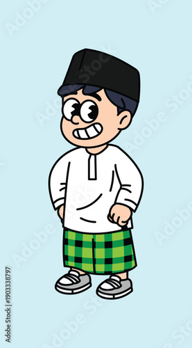 A cheerful cartoon boy dressed in a white kurta and a green checkered sarong, wearing a black peci hat. Moslem Boy Ramadan Retro Mascot Character.