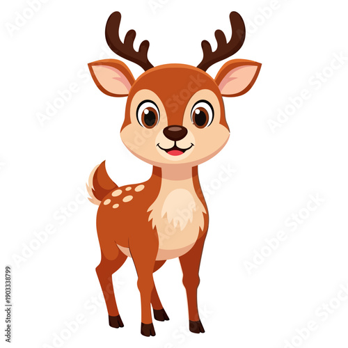 A cute cartoon fawn with brown fur white spots and small antlers stands facing forward with a friendly expression deer animal baby deer young deer wildlife mammal wild animal