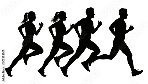 Silhouettes of two women and two men running in a race capturing athletic motion and fitness runners marathon athletics sport people action group competition speed endurance