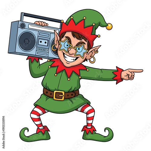 A cartoon elf wearing star glasses and a red and green festive outfit dances energetically with a vintage boombox on its shoulder christmas holiday character dancing music
