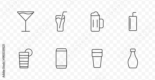 Beverage set icon. Glasses, mugs, cans, bottles, and straws display various drink types in outlined form including cocktails, soda, beer, juice, and takeaway beverages