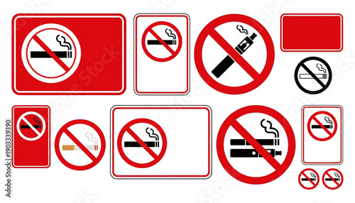 Collection of prohibition signs including no smoking no vaping and blank rectangular sign against a white backdrop warning symbol cigarette vape electronic cigarette e cigarette