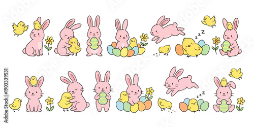 Adorable pink bunnies and yellow chicks interacting with Easter eggs and flowers in a delightful cartoon style illustration bunny rabbit chicken spring cute baby animal animal
