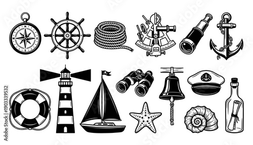 A collection of nautical and maritime items including a compass ship wheel rope sextant telescope anchor lighthouse sailboat lifebuoy binoculars bell captain's hat seashell and message in a
