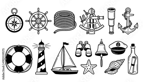 Nautical maritime collection featuring a compass ship wheel coiled rope sextant spyglass anchor lighthouse sailboat binoculars bell captain's hat starfish seashell and message in a bottle