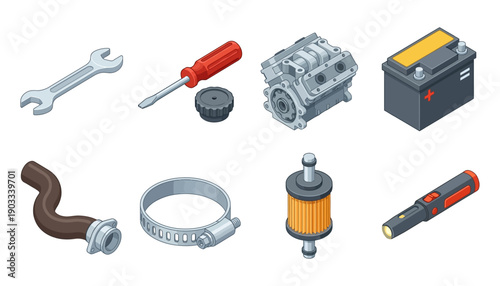 A collection of isometric car parts and tools including a wrench screwdriver engine component car battery hose clamp fuel filter and flashlight automobile automotive repair