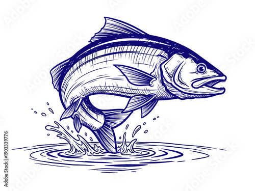 Dynamic Blue Line Art Illustration of a Jumping Salmon or Trout Leaping from Water. Vintage Engraving Style for Fishing Logo Design.