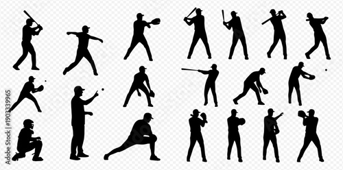 Collection of baseball player silhouettes in various action poses, including batting, pitching, catching, and fielding, perfect for sports design.