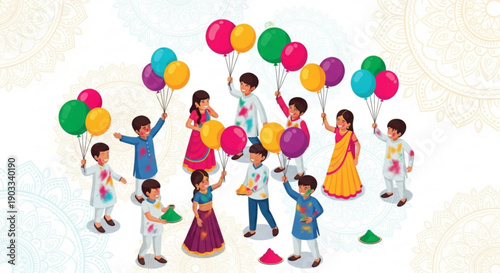 Diverse group of children celebrating Holi festival with colorful balloons and powder joyful Indian culture concept for festive design