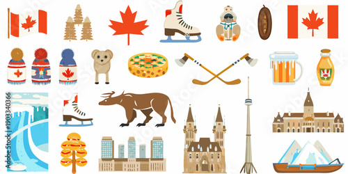 Illustrations of canadian symbols including landmarks wildlife and cultural items