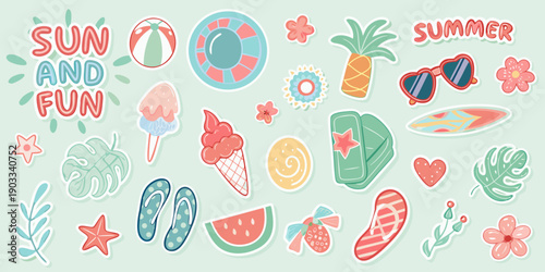 Colorful summer stickers featuring beach items treats and sunshine