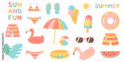 Colorful summer illustration with beach items sweets and tropical elements