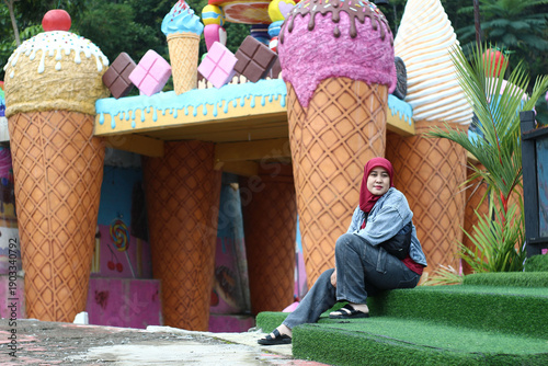 Quadro su tela asian woman sitting in front ice cream crone