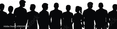 Black silhouette of a diverse group of people standing together, symbolizing community, unity, teamwork, human connection, and social diversity background.