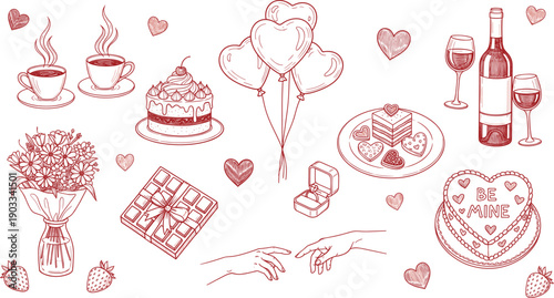 Hand drawn Valentine’s Day illustration set featuring hearts, romantic gifts, desserts, wine, flowers, love symbols, and couples celebration elements