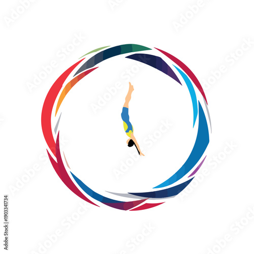 Dynamic woman doing handstand in colorful circle