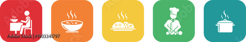 Colorful square icons set featuring dining cooking chef and hot food symbols in flat design style
