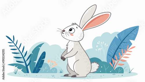 Cute cartoon rabbit standing in tropical garden with colorful plants