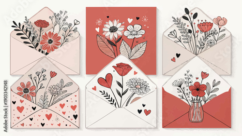 Collection of 5 modern love themed cards with floral designs and hearts on white background
