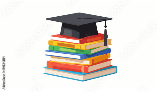 Graduation cap on colorful books vector illustration symbolizing education learning and academic success