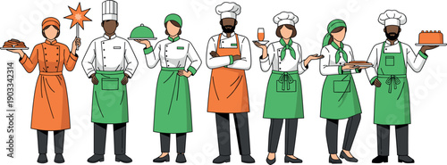 Group of diverse professional chefs and bakery staff in colorful uniforms holding food trays and cakes