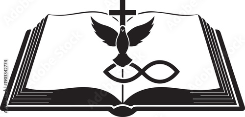Open bible with dove and fish silhouette vector illustration line art for church branding
