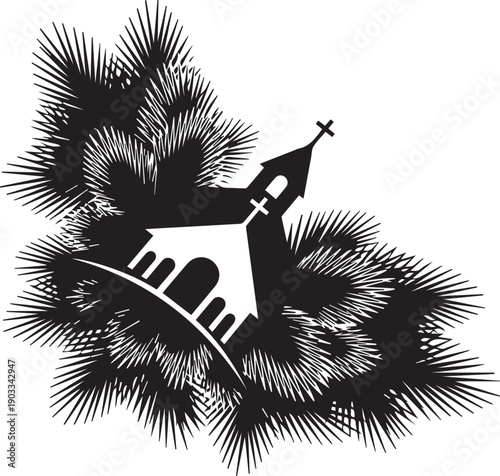 Spiritual church building silhouette surrounded by pine needles vector line art illustration