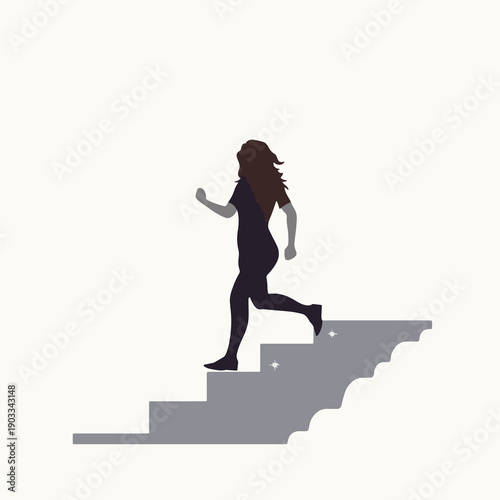 Woman running up stairs with dynamic movement and freedom