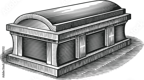 Classic stone sarcophagus with detailed engraving and curved lid, ancient burial monument illustration