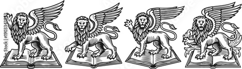 Winged lion illustrations standing on open books in vintage engraving