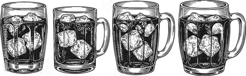 Four vintage glass mugs filled with soda and ice cubes, detailed black and white illustration