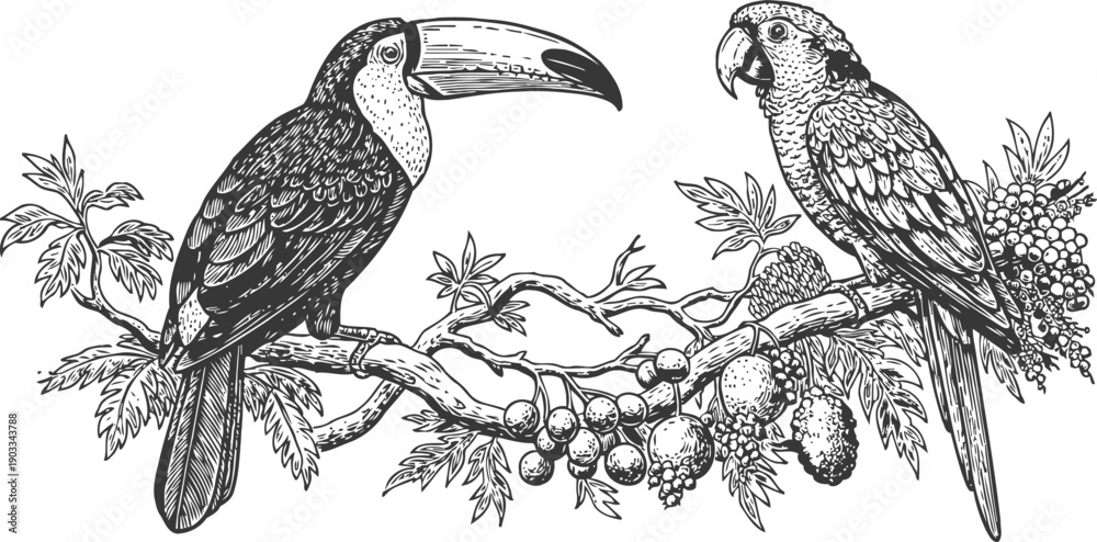 Fototapeta premium Black and white illustration of toucan and parrot perched on fruit laden tree branch, tropical birds art