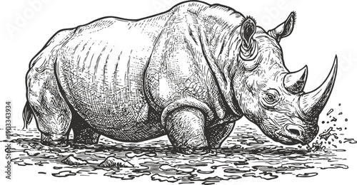 Detailed hand drawn rhinoceros standing in mud, wild african animal illustration, wildlife sketch art